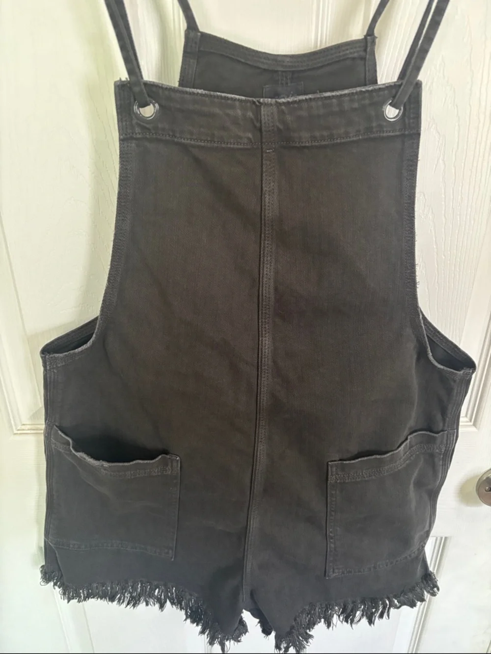 aerie Black Frayed Hem Denim Short Overalls Romper - Picture 3 of 8